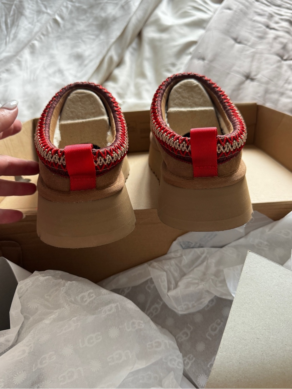 UGG Chestnut Suede Platform Clogs with Red Trim - Picture 4 of 5